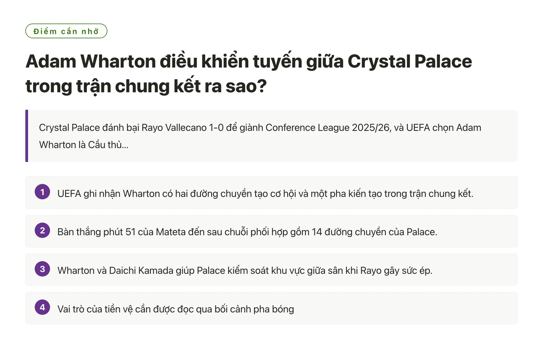 Adam Wharton điều khiển tuyến giữa Crystal Palace trong trận chung kết ra sao?——全文要点速览